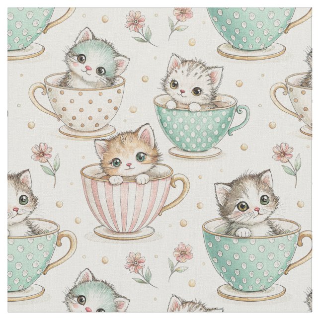 Süße Kätzchen in Teetassen - Kinder Katzen Design  Stoff (Nahaufnahme)