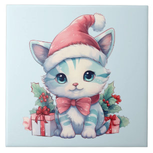Süße Kätzchen-Katze in einem Weihnachtsmannhut Wei Fliese