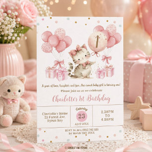 Süße Kätzchen Katze Rosa Ballons 1. 2. 3. Geburtst Einladung