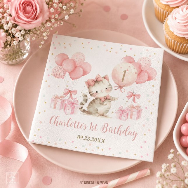 Süße Kätzchen Katze rosa Ballons 1. 2. 3. Geburtst Serviette (Cute Kitten Cat Pink Balloons 1st 2nd 3rd Birthday Napkins)