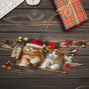 Süße Kätzchen mit Weihnachtsmann und Rentierhüten Puzzle
