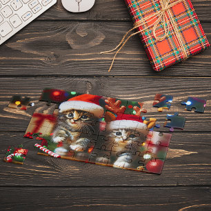 Süße Kätzchen mit Weihnachtsmann und Rentierhüten Puzzle