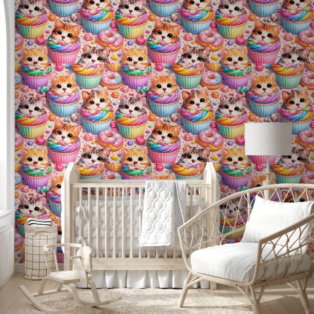 Süße Kätzchen und Cupcake-Muster Regenbogen süß tr Tapete (Kinder)