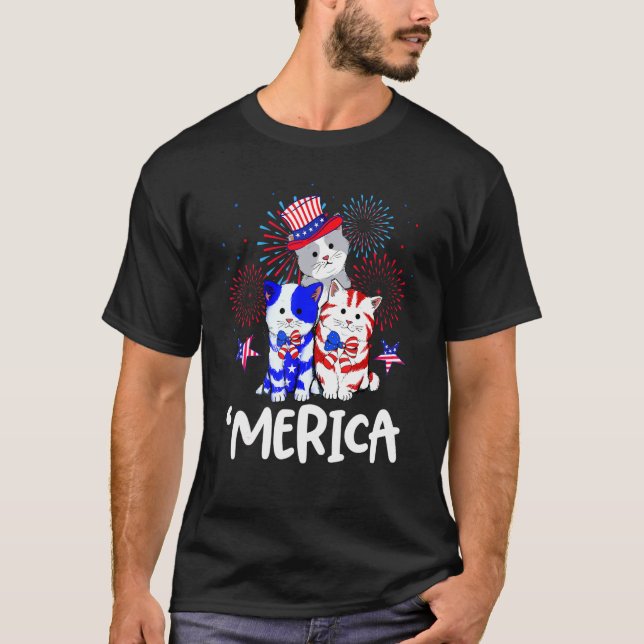 Süße Katze 4. Juli Meowica Merica Männer USA Ameri T-Shirt (Vorderseite)