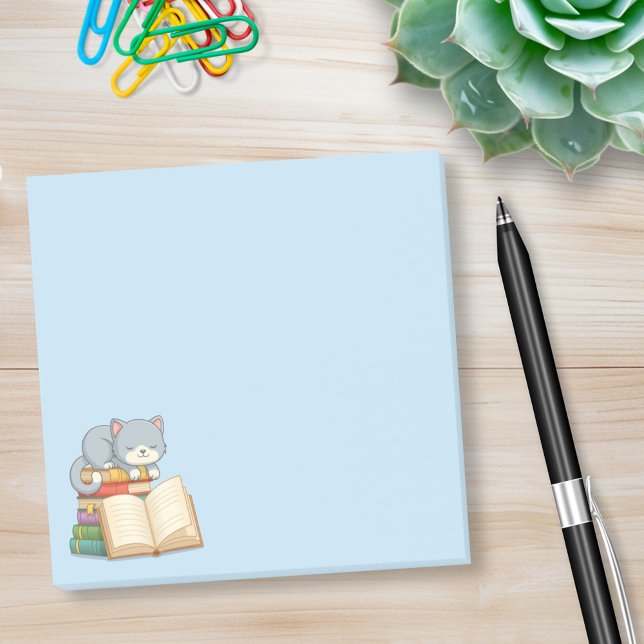 Süße Katze auf einem Bücherstapel Blau Post-it Klebezettel (Von Creator hochgeladen)
