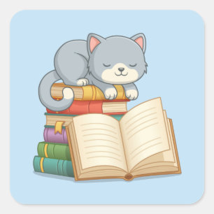 Süße Katze auf einem Bücherstapel Blau Quadratischer Aufkleber