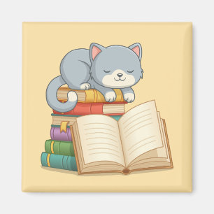 Süße Katze auf einem Bücherstapel Gelb Magnet