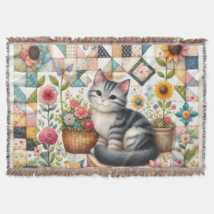 Süße Katze auf floraler Steppdecke Cottagecore Decke