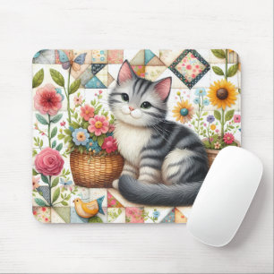 Süße Katze auf floraler Steppdecke Cottagecore-Kun Mousepad
