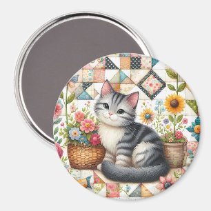Süße Katze auf floraler Steppdecke Cottagecore Magnet