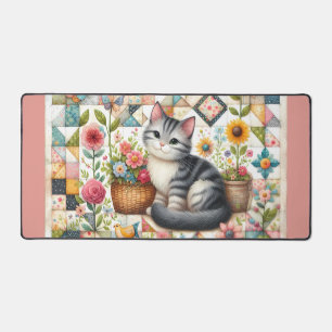 Süße Katze auf floraler Steppdecke Cottagecore Schreibtischunterlage