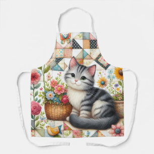 Süße Katze auf floraler Steppdecke Cottagecore Schürze
