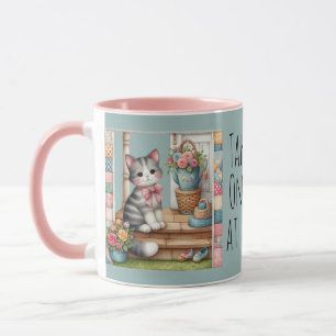 Süße Katze auf Veranda Blumen Patchwork Tasse
