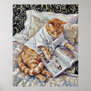 Süße Katze beim Lesen im Bett - Wandkunst Poster D