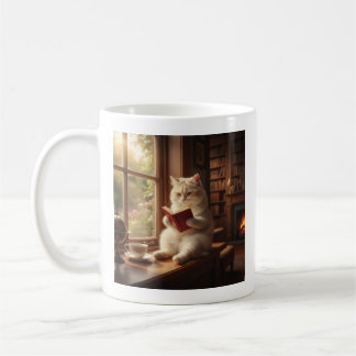 Süße Katze beim Lesen Kaffeetasse