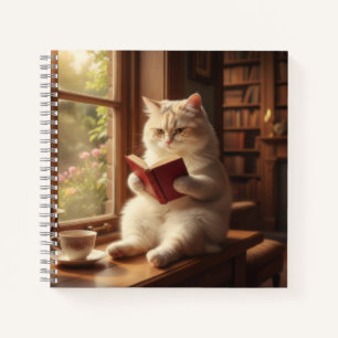 Süße Katze beim Lesen Notizbuch