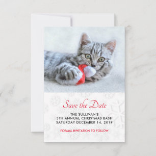 Süße Katze beißt in einen roten Weihnachtsmann-Hut Save The Date
