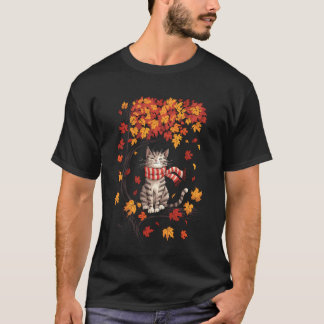 Süße Katze Blatt Herbst Baum Hallo Herbst Erntedan T-Shirt