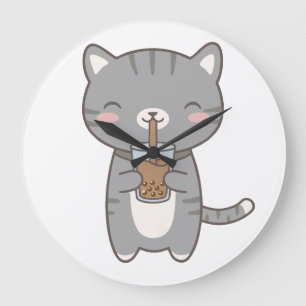 Süße Katze Boba Milchtee Niedliche Graue Tabby-Kät Große Wanduhr