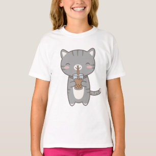 Süße Katze Boba Milchtee Niedliche Graue Tabby-Kät T-Shirt