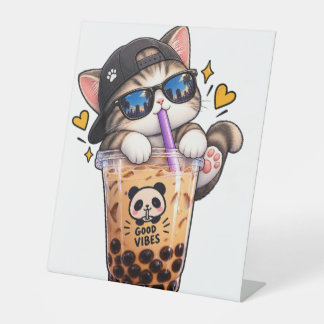 Süße Katze Bubble Tea Gute Vibes Kawaii Boba Aufkl Sockelschild