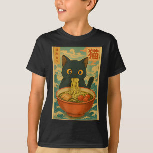 Süße Katze, die Ramen-Nudeln isst, lustiges Anime- T-Shirt