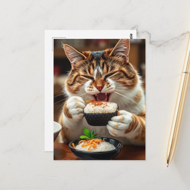 Süße Katze, die Sushirolle isst Postkarte (Vorderseite/Rückseite Beispiel)