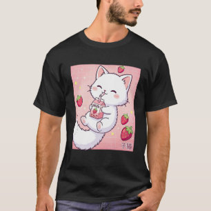 Süße Katze Erdbeermilch Retro Japanische Kawaii Ku T-Shirt