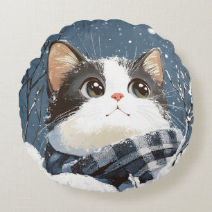 Süße Katze gemütlicher Winterschnee Rundes Kissen