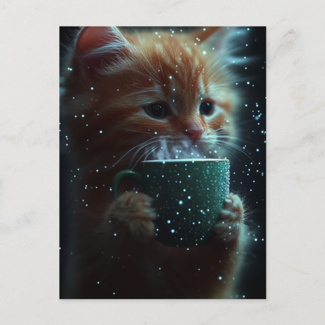 Süße Katze genießt Kaffee Postkarte (Vorderseite)