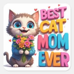 Süße Katze hält Blumen Katzenmutter-Geschenk 🐾 Quadratischer Aufkleber