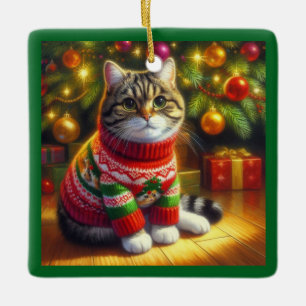 Süße Katze in einem Weihnachtspullover Keramikornament