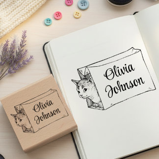 Süße Katze in einer Tüte Signatur Name Holzstempel Gummistempel