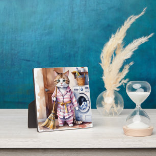 Süße Katze in Pyjama beim Wäschewaschen Lustig  Fotoplatte