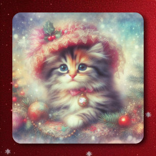 Süße Katze in vintage Weihnachtsmütze Quadratischer Aufkleber