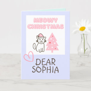 Süße Katze in Weihnachtsmannmütze und -baum Meowy Karte