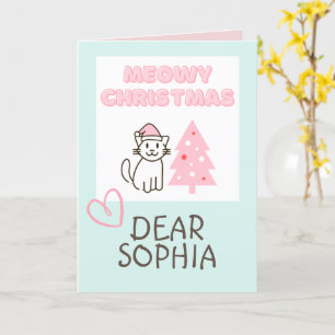 Süße Katze in Weihnachtsmannmütze und -baum Meowy  Karte