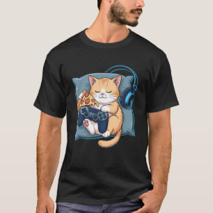 Süße Katze Kätzchen Gamer Pizza Witz Video Spiel S T-Shirt