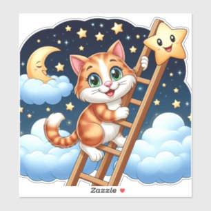 Süße Katze klettert Leiter zum Mond Aufkleber