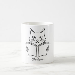 Süße Katze liest Buch Kaffeetasse