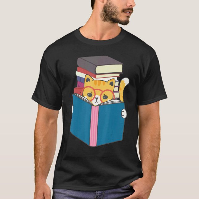 Süße Katze liest Bücher T-Shirt (Vorderseite)
