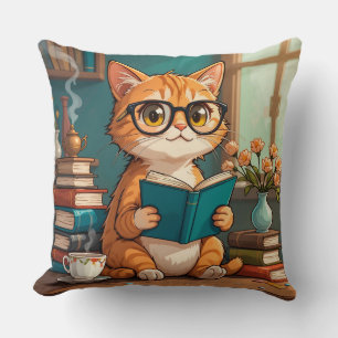 Süße Katze mit Brille beim Lesen eines Buches Kissen