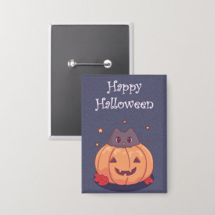 Süße Katze mit einem Halloween-Kürbis Blau grau  Button