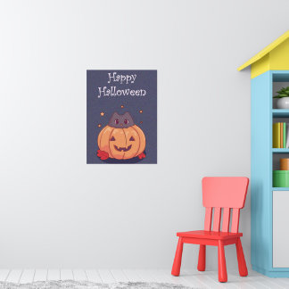 Süße Katze mit einem Halloween-Kürbis Blau grau  Poster
