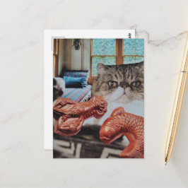 Süße Katze mit Hummer und Fisch Collage Postkarte