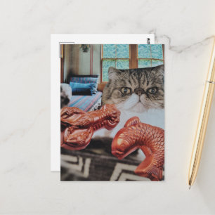 Süße Katze mit Hummer und Fisch Collage Postkarte