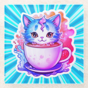 Süße Katze mit Kaffeetasse Cartoon-Design-94678 Glasuntersetzer