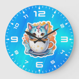 Süße Katze mit Kaffeetasse Cartoon-Design-94678 Große Wanduhr
