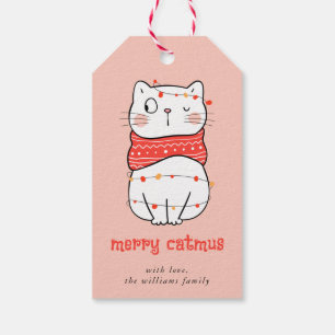 Süße Katze mit Lichterkette Frohe Katzmus Geschenk Geschenkanhänger