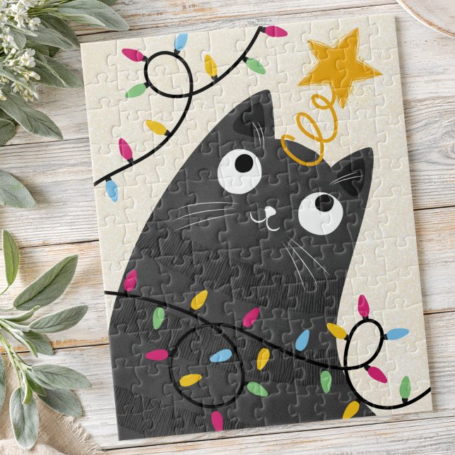 Süße Katze mit Lichtern und Christbaumspitze Weihn Puzzle (Cute cat with lights and tree-topper Christmas Jigsaw Puzzle)